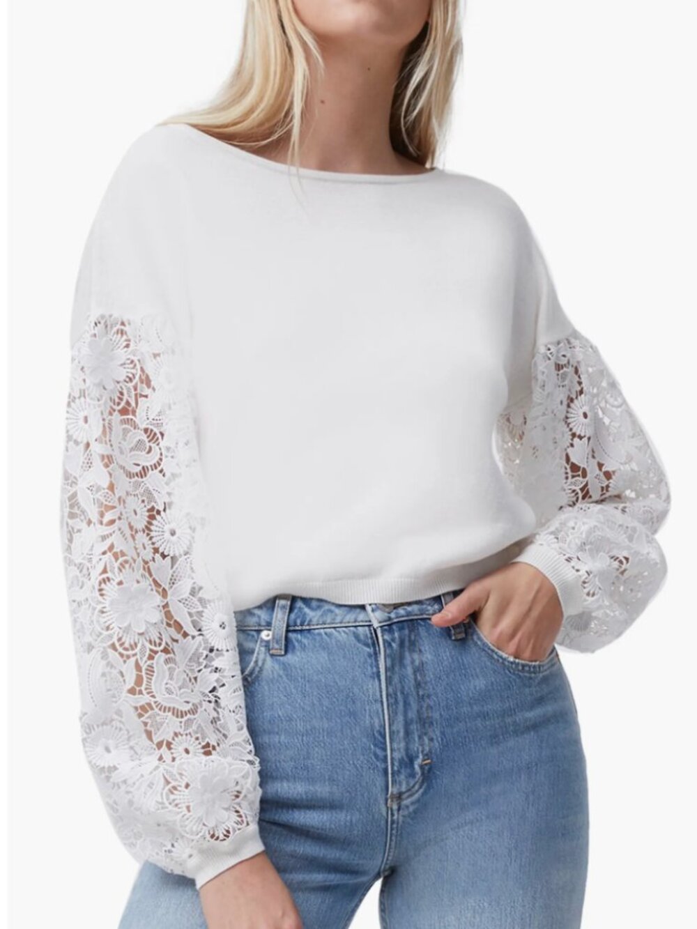 French Connection Josephine Lace Knit Top White Romantic Lace Sleeve Sweater Sma